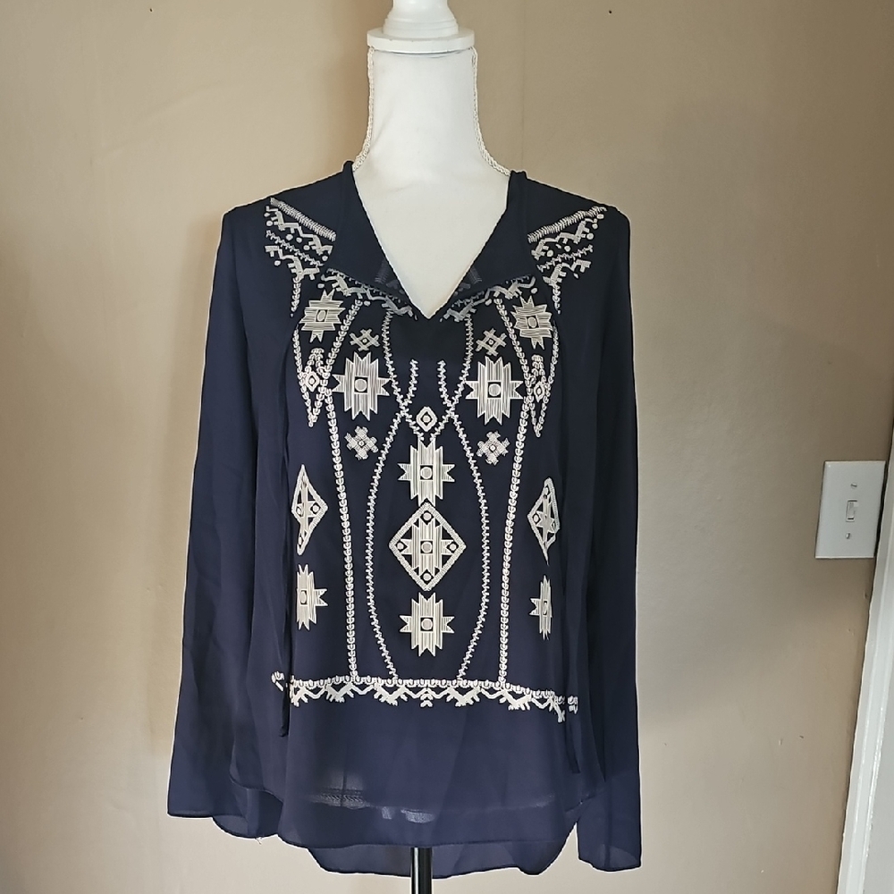 Ing Navy Long Sleeve Graphic Blouse